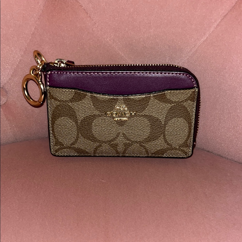 Coach Signature Card Holder with Purple Accent
